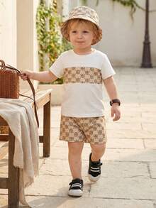 Souflis Souflis 3pcs Baby Boy Toddler Outfit - Vintage Floral Print Patchwork Top, Pants And Hat Set, Casual All-Match Suitable For Summer Outings, Vacation And All Occasions Toddler Set Baby Clothes Set - Apricot - View 2