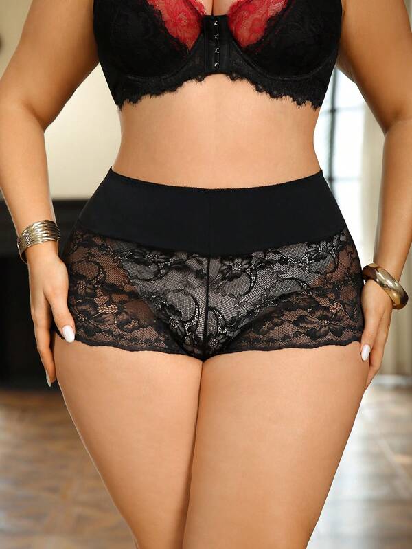 1 pieza Bragas de encaje para mujer de talla grande, ropa interior romántica y minimalista con parches de encaje sexy