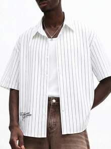 SUMWON 男士竖条纹短袖衬衫，纽扣领，常规版型，夏季休闲商务办公衬衫，纯色 - 白色 - 查看 4