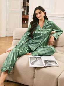 Elegant & Luxurious French Style Comfortable Striped Jacquard Satin Contrast Trim Lapel Button Front Loose Casual Women Pajama Set - Green - View 1