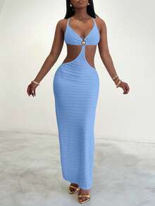 Amplova Shell Metal Decor High Slit Women Dress - Baby Blue - View 6