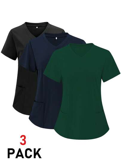 TaskEZ Parte superior de uniforme de unicolor con doble bolsillo y manga corta, blusas de enfermería para mujeres, uniformes de batas médicas para mujeres, batas médicas de talla grande para mujeres