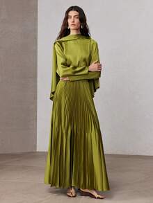 ZEYLAH 2pcs Women's Flowy Top With Pleated A-Line Midi Skirt Set, Spring - Olive Green - View 5