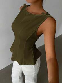 Aloruh 女士优雅无袖通勤衬衫，简约设计 - 軍綠色 - 查看 7