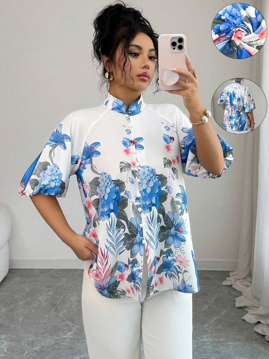 Elenzga Camisa de mujer de manga corta, cuello alto, estilo suelto y abierto delantero, con estampado de posicionamiento romántico, elegante, de moda, cómoda y casual para uso diario y vacaciones (estampado de posicionamiento aleatorio) - Azul - Ver 1