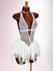 Amplova Đầm ngắn cổ chữ V sâu, hở lưng, phối ren, vạt bất đối xứng, kiểu dáng ngọt ngào và thanh lịch. - trắng - Xem 8