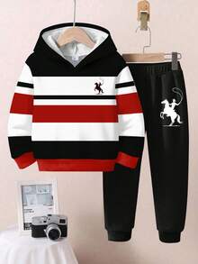 2pcs/Set Boys Casual Loose Graphic Hoodie & Sweatpants Set, Rider Print Colorblock Pullover Outfit, Suitable For Autumn/Winter - Multicolor - View 2