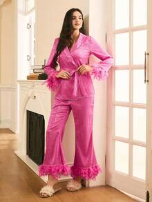 Moireta Elegant Mature Charm Vintage Frayed Decor Mandarin Collar Flare Pants Jacquard Solid Color Women Pajama Set, Suitable For Valentine's Day - Hot Pink - View 6