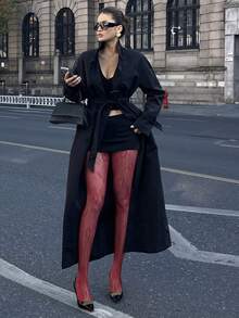 DAZY 女士时尚性感纯色蕾丝弹力连裤袜 - 酒紅色 - 查看 3