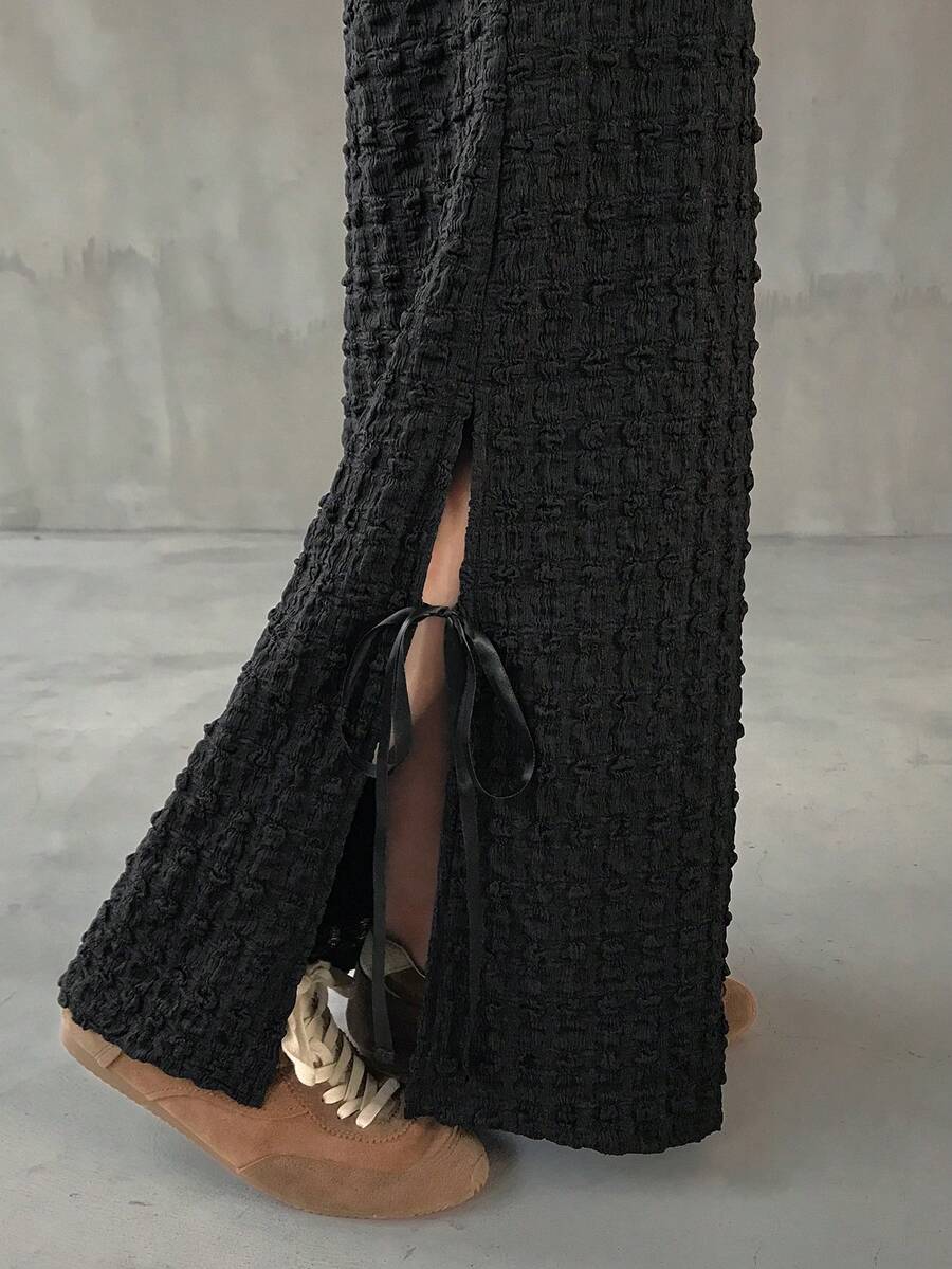 FRIFUL 女士泡泡纹理面料开衩下摆纯色半身裙 - 白色 - 查看 1