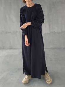 FRIFUL Women's Casual Letter Pattern Ruffle Trim Drop Shoulder Long Sleeve Dress, Autumn - Navy Blue - View 4