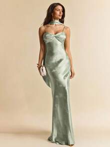 SHEIN BAE Spring & Summer Solid Light Green Halter Maxi Elegant Satin Dress, Graceful Long Dress, Brunch Dress, Wedding Guest Attire, Birthday Mini Dress, Bridesmaid Elegant Mini Dress, Date Dress, Valentine's Day, Tea Party Dress, Brunch Dress, Graceful Dress - Green - View 3