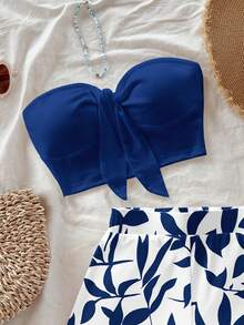 Soleia 蓝色树叶印花图案休闲度假风短裤和配套露脐上衣两件套，适合春夏度假穿着。 - 彩色 - 查看 4