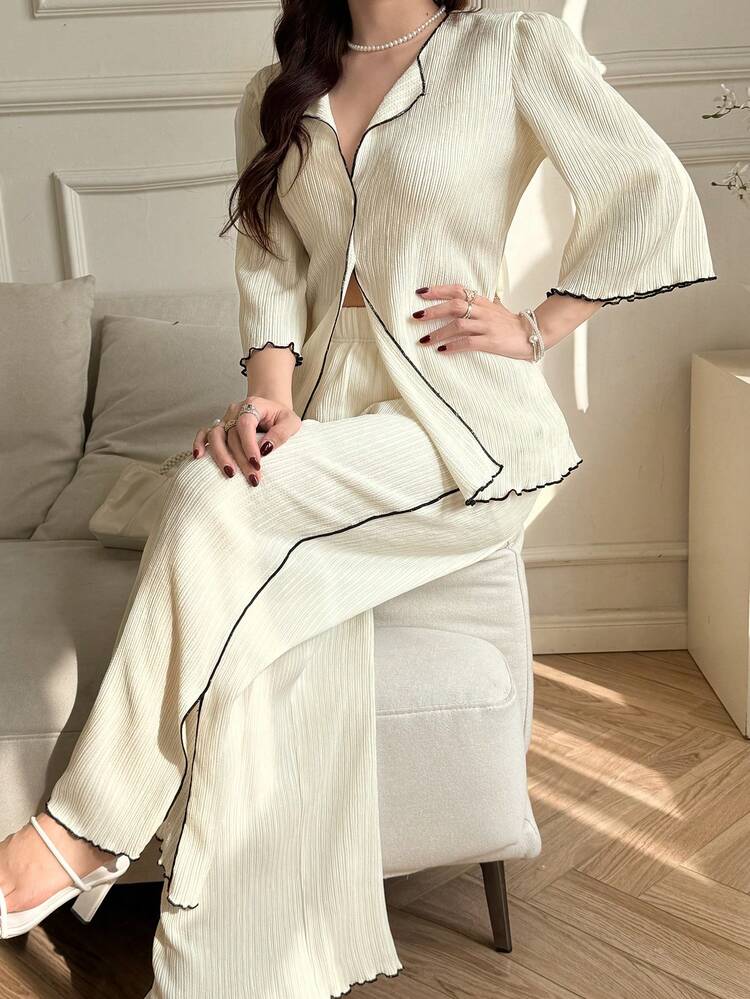 Spring & Summer Elegant Casual Vacation Striped Decor Loose Top And Straight Pants Set, Suitable For Commuting, Old Money Style Women 2-Piece Outfit