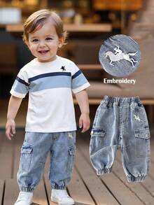 SHEIN LMoss Kids Baby Boy Casual Soft Cute Basic White Horse Embroidery Pattern Blue Denim Jogger Jeans Spring Summer,For Baby Spring/Summer Dailywear,Streetwear,Beach,Birthday For,Casual Jeans For,Vacation For Baby,Graphic Jeans,Jeans,2-Year-Old Jeans - Light Wash - View 8