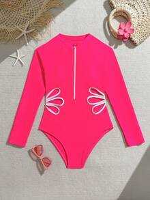 SHEIN Teen Girl Hollow-Out Zipper Contrast Trim One-Piece Swimsuit - Hot Pink - View 1