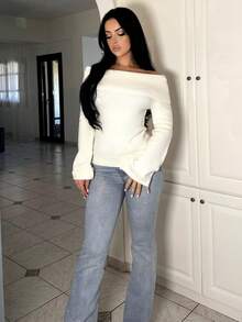 Vassilux Off Shoulder Fold Over Sweater,Long Sleeve Tops Knit Pullover Fall Winter Outfit - Beige - View 5