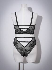 AltCore Conjunto de 2 piezas de top con parches de encaje y tela reflectante + panty, talla grande y sexy - Negro - Ver 8