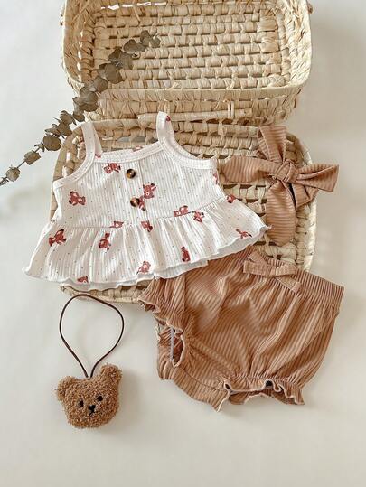 SHEIN Playful Pals 2件套新生女婴小熊印花吊带背心+松紧腰短裤休闲套装，含发带，适合夏季各种场合