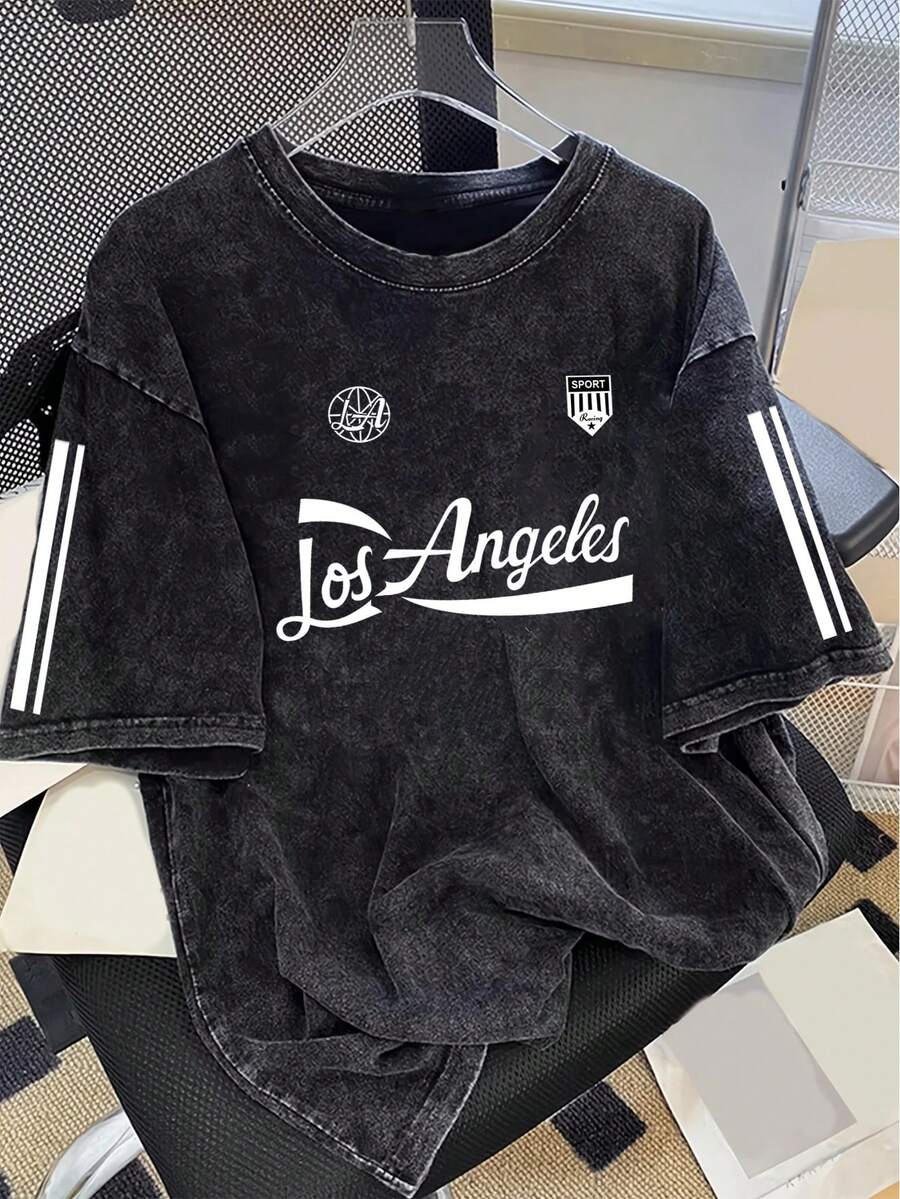 Manfinity Joysei Men's Washed Cotton Letter & Striped Print Round Neck Short Sleeve Los Angeles T-Shirt - Black - View 1