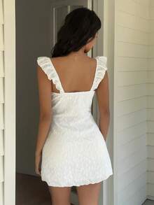 Sunnyshic Women's Sexy Low-Cut Lace Textured Floral Trim Elegant Romantic Date White Dress, Spring/Summer - White - View 2