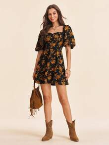 Coeurva Floral Print Sweetheart Neck Puff Sleeve Summer Dress