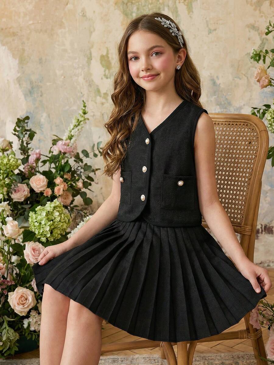 SHEIN 少女无袖蝴蝶结开衫上衣和百褶裙优雅夏季套装 - 黑色 - 查看 1