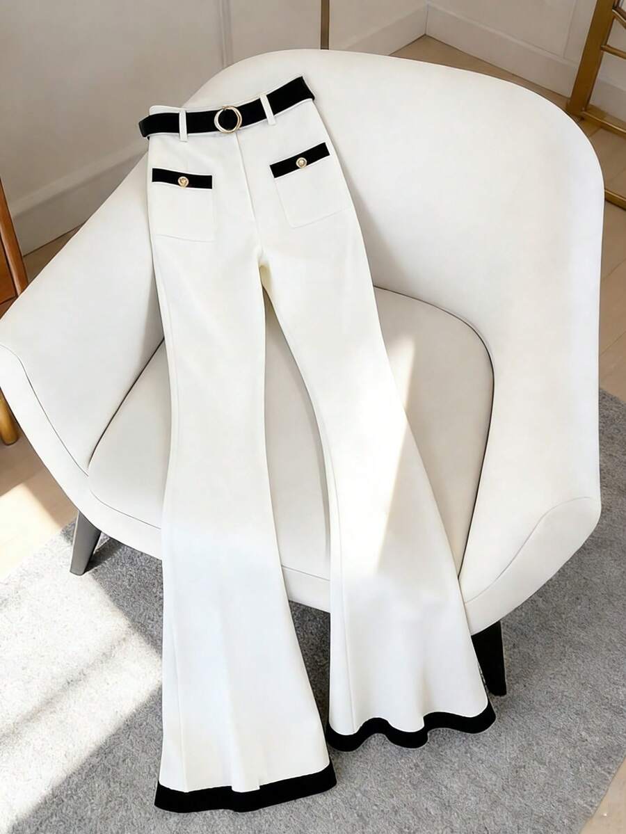 SHEIN Franclia 优雅浪漫的女士喇叭裤（含腰带） - 白色 - 查看 1