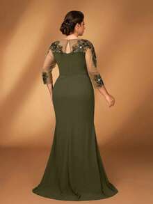 Serin Đầm dáng đuôi cá thanh lịch màu xám hồng dành cho nữ, chất liệu chiffon, cổ tròn, tay dài, xếp ly, đính sequin, thích hợp cho mẹ cô dâu/chú rể trong các đám cưới, sự kiện trang trọng, tiệc tùng. - Màu xanh Ô liu - Xem 2