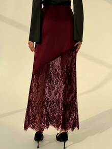 Aloruh 秋冬新款浪漫约会棕色缎面撞色蕾丝A字长裙，情人节女士穿搭 - 酒紅色 - 查看 8