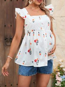 SHEIN Printed Casual Square Neck Ruffle Sleeve Tie Front Button Maternity Top - White - View 1
