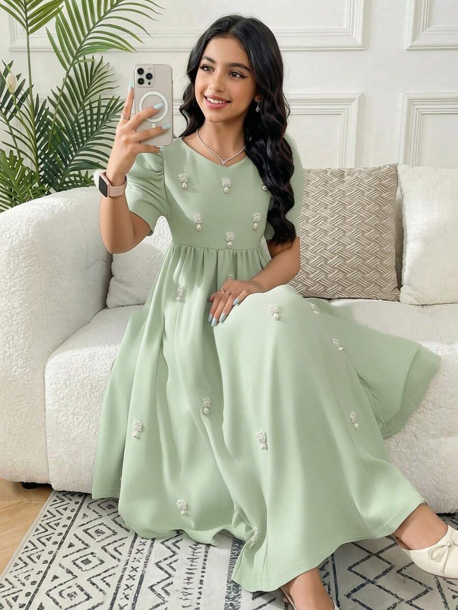 SHEIN Đầm tay phồng trang nhã đính ngọc trai dành cho bé gái tuổi teen, thích hợp cho mùa hè. - Nhiều màu - Xem 1