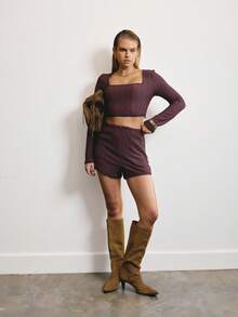 Aralina 2pcs Women Solid Color Lace Patchwork Square Neck Long Sleeve Top And Shorts Set - Burgundy - View 7