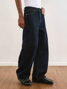 TOKVUE Men's Fashionable Street Style Embroidery Design Casual Washed Straight Leg Loose Jeans Men Wide Leg Jean Dark Wash Jeans Mens Jeans - Dark Wash - View 7