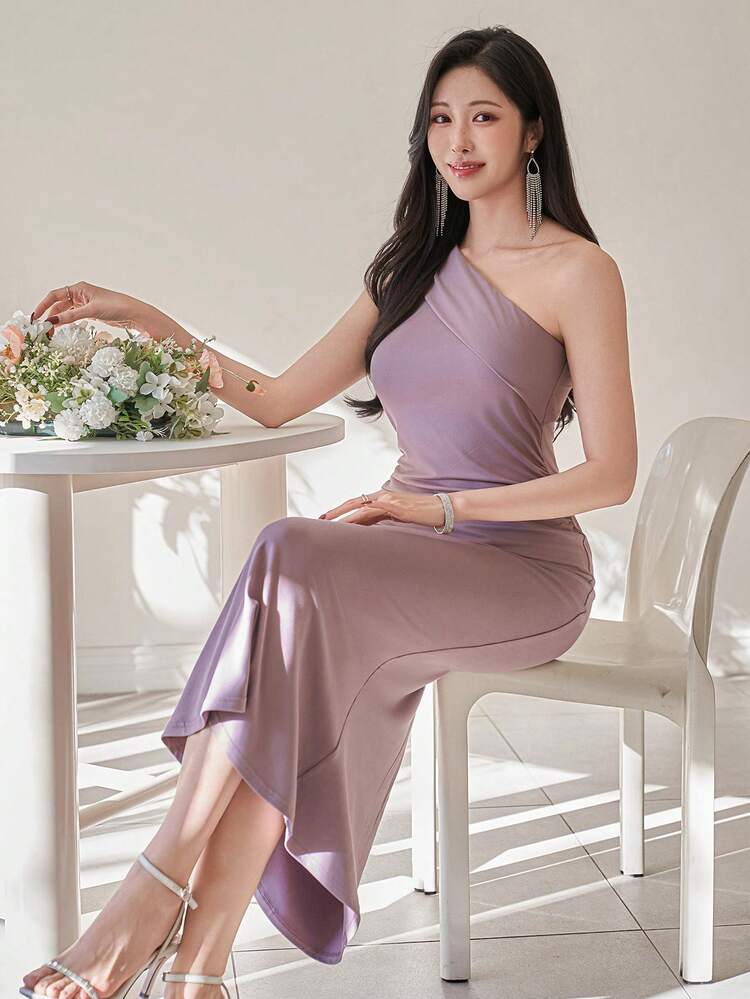 Women's Elegant Solid Color Asymmetrical Shoulder Mermaid Dress, Summer Wedding Guest Dress Sundress