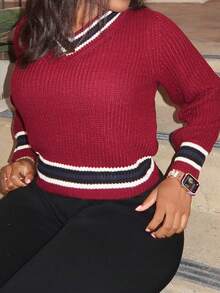 Tyla Gomez Color Block V-Neck Casual Women Sweater,Long Sleeve Tops Fall - Burgundy - View 3