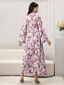 Al Najma 印花长袖系带阿拉伯风格连衣裙，休闲优雅A字型长款卡夫坦长袍，适合晚宴/婚礼宾客/周年纪念日穿着。 - 粉色 - 查看 6