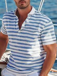 Manfinity 男士休闲条纹四分之一扣短袖 Polo 衫，夏季款 - 彩色 - 查看 1