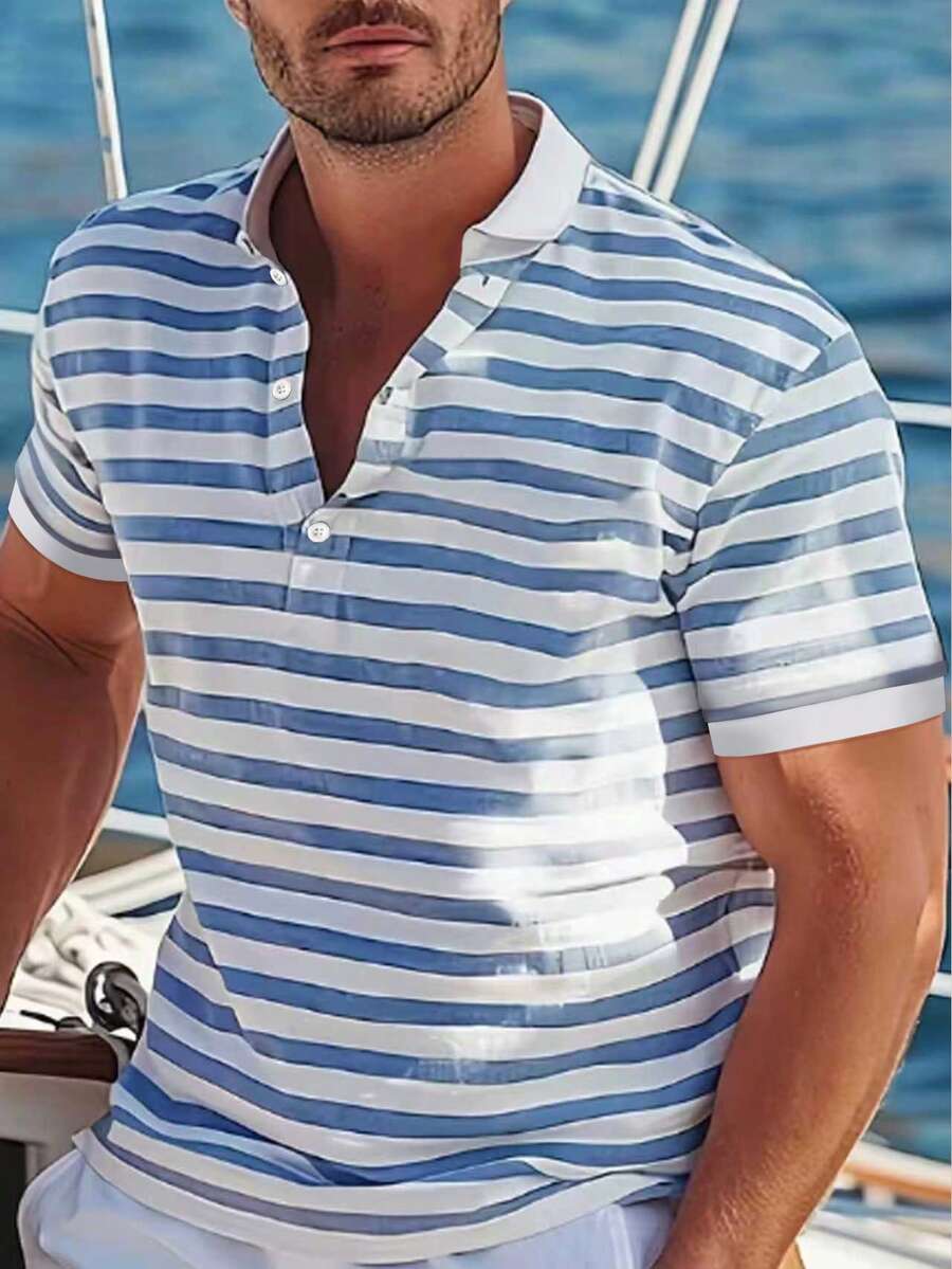 Manfinity 男士休闲条纹四分之一扣短袖 Polo 衫，夏季款 - 彩色 - 查看 1