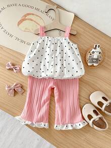 SHEIN 两件套女婴波点印花粉色蝴蝶结装饰无袖吊带背心+松紧腰条纹喇叭裤，裤脚带荷叶边，适合夏季休闲外出或旅行 - 粉色 - 查看 2