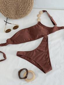 Swim Chiccia Bộ bikini hai mảnh lệch vai gợi cảm dành cho nữ, thiết kế tối giản thanh lịch với điểm nhấn kim loại, màu trơn, thích hợp cho kỳ nghỉ biển, mùa xuân/hè. - màu nâu - Xem 4