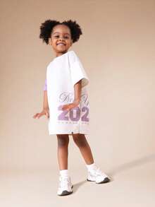 SUMWON Girls Color Block Short Sleeve Crew Neck T Shirt Dress With Purple Sleeves And NYC Number Print For Casual And Vacation - Multicolor - View 1