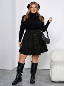 SHEIN CURVE+ Plus Size Solid Color Front Button Minimalist A-Line Skirt, Casual Daily Wear - Black - View 7