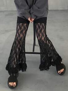FRIFUL Quần dài nữ cạp chun, ống loe ren toàn thân, viền bèo nhún, thích hợp mặc mùa hè. - màu đen - Xem 2