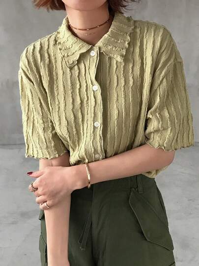 FRIFUL Women's Solid Color Textured Short Sleeve Casual T-Shirt