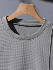 Conjunto de camisetas casuales holgadas con textura de gofre para adolescentes varones, tela cómoda adecuada para uso casual diario - Gris - Ver 4