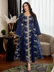 Layrah Robe longue en organza à manches longues avec insert plissé, coupe ample avec ceinture à la taille, col V, broderie élégante, style arabe et turc, pour femmes grandes tailles - Bleu marine - Voir 3