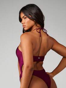 Missguided x Playboy One Piece Monokini Swimsuit With Cut Out Sides And Halter Neck Strap Design For Beach Pool Summer Vacation - Red Violet - View 2