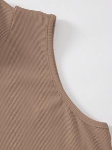 Breezaya Women's Casual Everyday Commute Simple Solid Color Ribbed Knit Stand Collar Tank Top, Summer - Khaki - View 3
