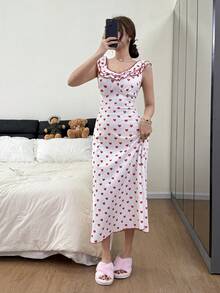 Dream Adore Women's Romantic Heart Print Ruched Ruffle Collar Mid-Length A-Line Nightgown Ruffle Strap Dress Heart Print Dress Women - Red - View 6